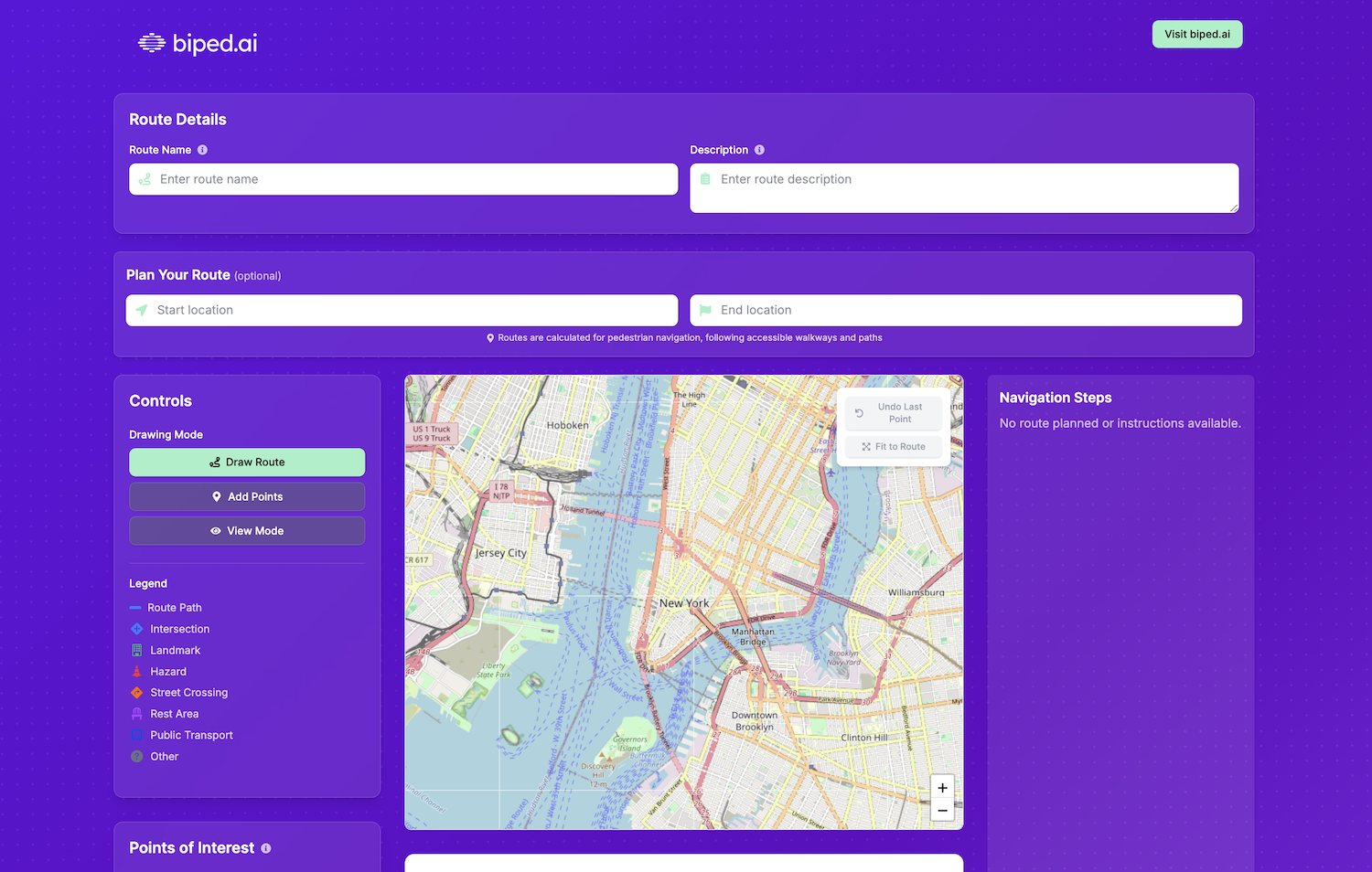 A web platform in the style of Google Maps with hand-drawn maps and points of interest.